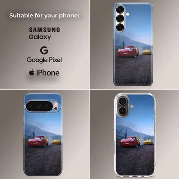 Animated red race car speeding alongside a yellow car on a track phone case — Collage
