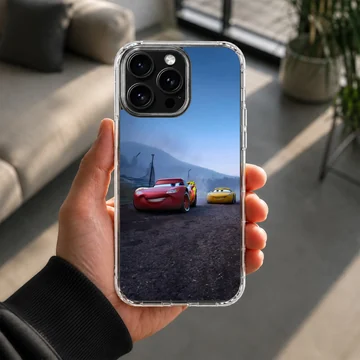 Animated red race car speeding alongside a yellow car on a track phone case — Lifestyle