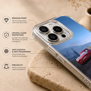 Animated red race car speeding alongside a yellow car on a track phone case — Info