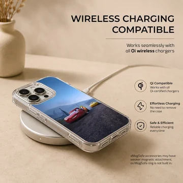 Animated red race car speeding alongside a yellow car on a track phone case — Charging