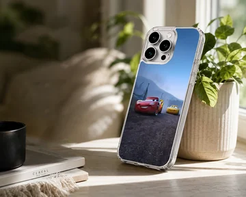 Animated red race car speeding alongside a yellow car on a track phone case — Lifestyle