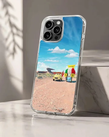 Animated colorful character cars driving across a sunny desert landscape phone case