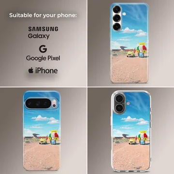 Animated colorful character cars driving across a sunny desert landscape phone case — Collage