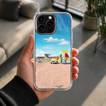 Animated colorful character cars driving across a sunny desert landscape phone case — Lifestyle