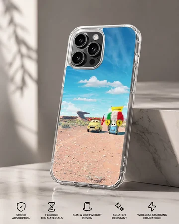 Animated colorful character cars driving across a sunny desert landscape phone case — Specs