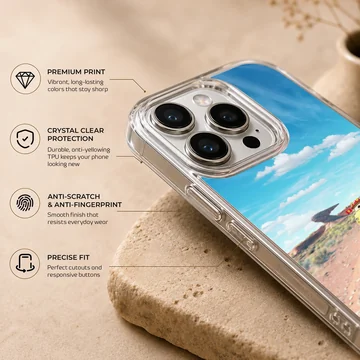 Animated colorful character cars driving across a sunny desert landscape phone case — Info