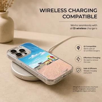 Animated colorful character cars driving across a sunny desert landscape phone case — Charging