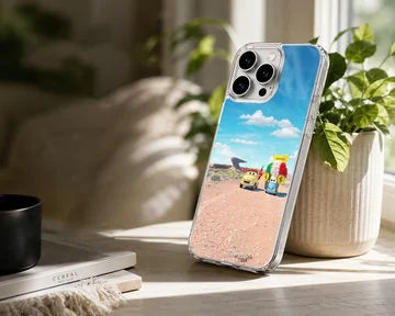 Animated colorful character cars driving across a sunny desert landscape phone case — Lifestyle