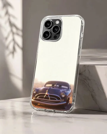 Vintage dark blue race car with expressive windshield eyes printed on a phone case