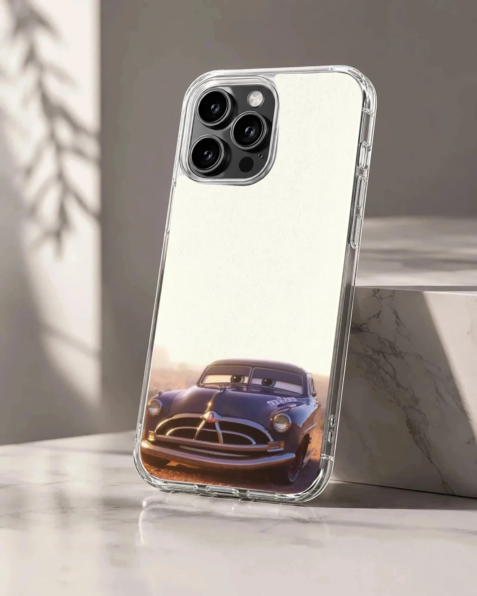 Vintage dark blue race car with expressive windshield eyes printed on a phone case