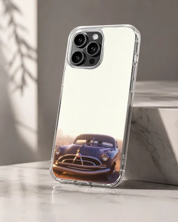 Vintage dark blue race car with expressive windshield eyes printed on a phone case — Hero
