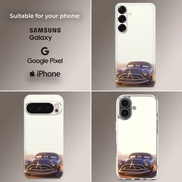 Vintage dark blue race car with expressive windshield eyes printed on a phone case — Collage