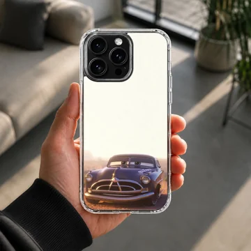 Vintage dark blue race car with expressive windshield eyes printed on a phone case — Lifestyle