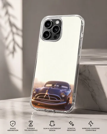 Vintage dark blue race car with expressive windshield eyes printed on a phone case — Specs