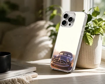 Vintage dark blue race car with expressive windshield eyes printed on a phone case — Lifestyle