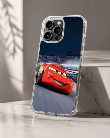 A vibrant red race car speeding around a track under stadium lights phone case — Hero
