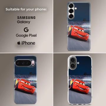 A vibrant red race car speeding around a track under stadium lights phone case — Collage