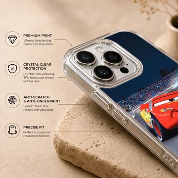 A vibrant red race car speeding around a track under stadium lights phone case — Info
