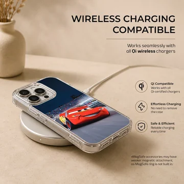 A vibrant red race car speeding around a track under stadium lights phone case — Charging