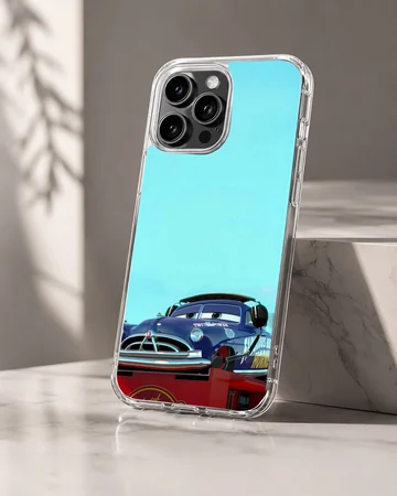 Vintage race car art in deep blue against a light blue sky on a phone case — Hero
