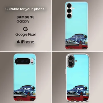 Vintage race car art in deep blue against a light blue sky on a phone case — Collage