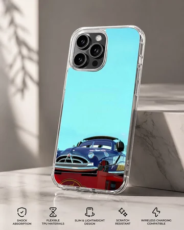 Vintage race car art in deep blue against a light blue sky on a phone case — Specs