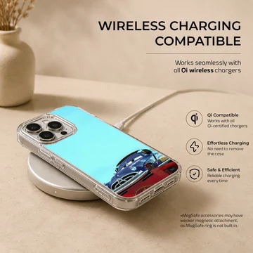 Vintage race car art in deep blue against a light blue sky on a phone case — Charging
