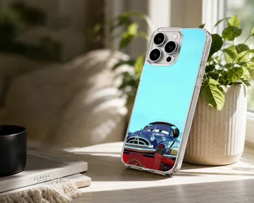 Vintage race car art in deep blue against a light blue sky on a phone case — Lifestyle