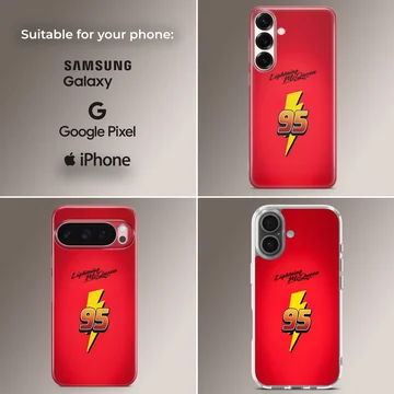 Bright red phone case featuring the number 95 over a yellow lightning bolt and racing typography — Collage