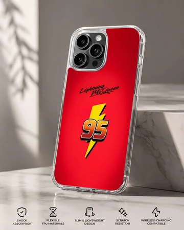 Bright red phone case featuring the number 95 over a yellow lightning bolt and racing typography — Specs