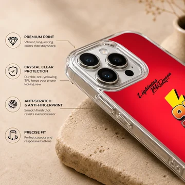 Bright red phone case featuring the number 95 over a yellow lightning bolt and racing typography — Info