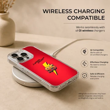 Bright red phone case featuring the number 95 over a yellow lightning bolt and racing typography — Charging
