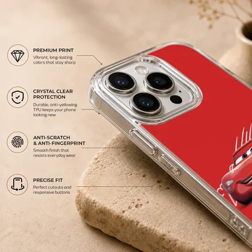 Vibrant red race car illustration on a red background phone case — Info