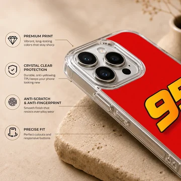 Bold racing number 95 in yellow and orange on a vibrant red background phone case — Info