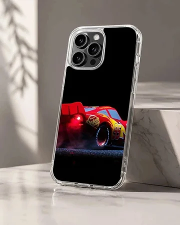 Red racing car captured mid-burnout against a black background on a phone case