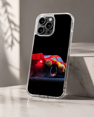 Red racing car captured mid-burnout against a black background on a phone case — Hero