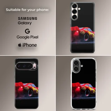 Red racing car captured mid-burnout against a black background on a phone case — Collage