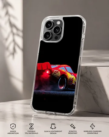 Red racing car captured mid-burnout against a black background on a phone case — Specs