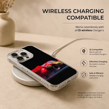 Red racing car captured mid-burnout against a black background on a phone case — Charging