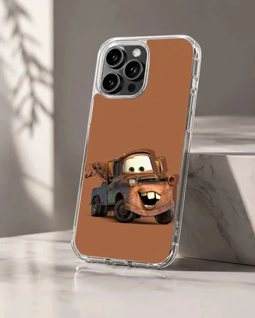 A friendly rusty tow truck with big buck teeth printed on a soft TPU snap phone case