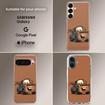 A friendly rusty tow truck with big buck teeth printed on a soft TPU snap phone case — Collage