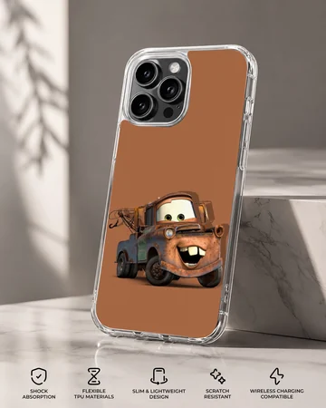 A friendly rusty tow truck with big buck teeth printed on a soft TPU snap phone case — Specs
