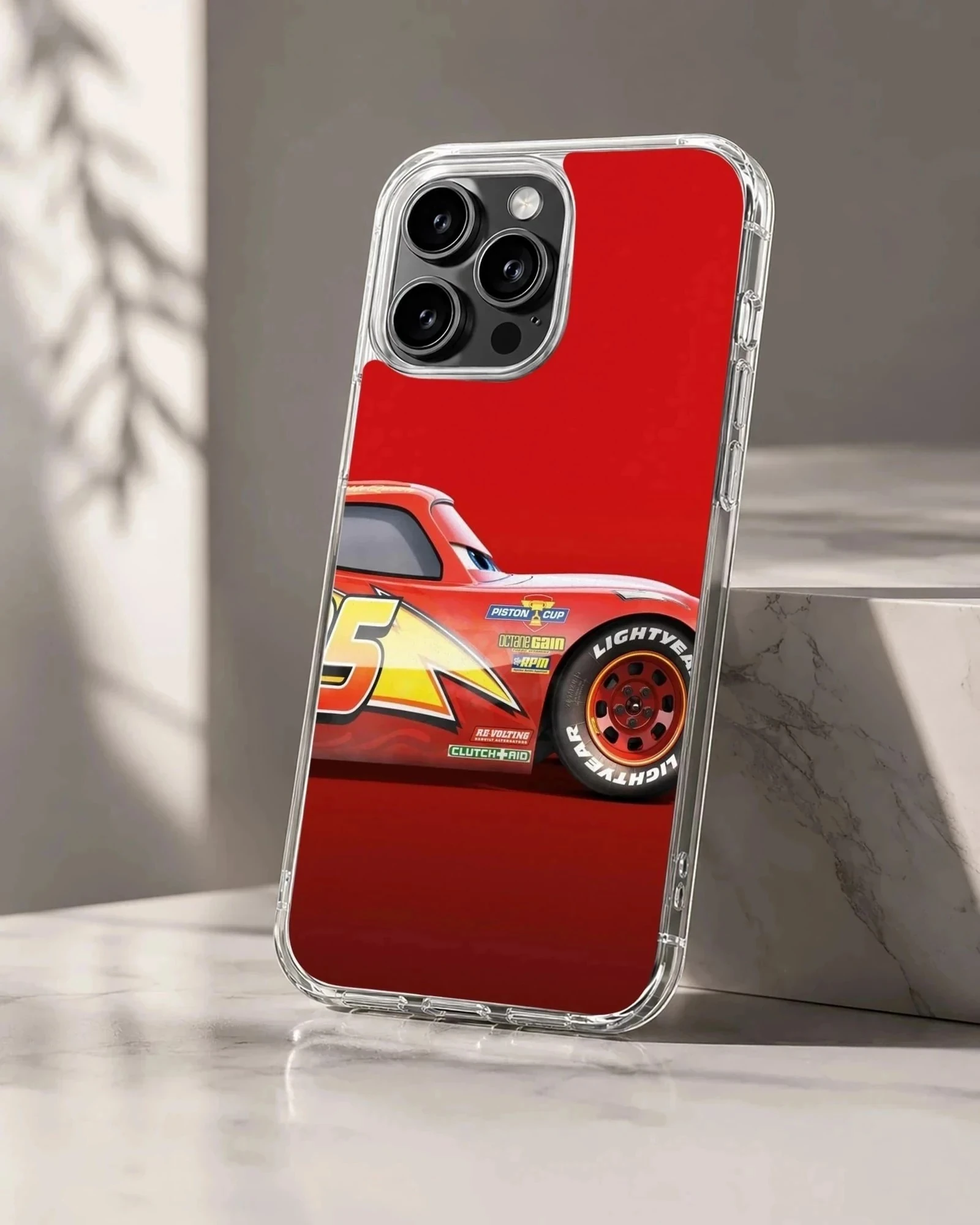 Close-up digital illustration of a glossy red race car with yellow lightning bolt graphics on a phone case