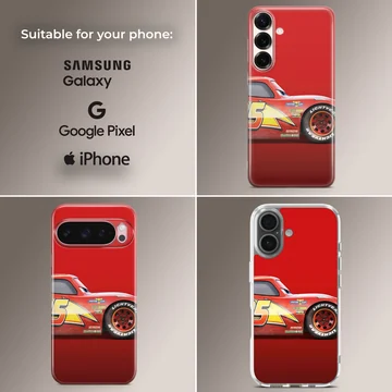 Close-up digital illustration of a glossy red race car with yellow lightning bolt graphics on a phone case — Collage