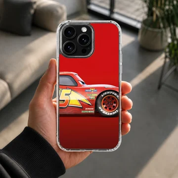 Close-up digital illustration of a glossy red race car with yellow lightning bolt graphics on a phone case — Lifestyle