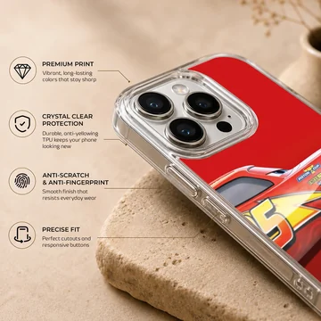 Close-up digital illustration of a glossy red race car with yellow lightning bolt graphics on a phone case — Info