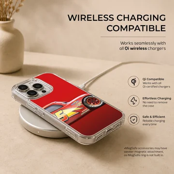 Close-up digital illustration of a glossy red race car with yellow lightning bolt graphics on a phone case — Charging
