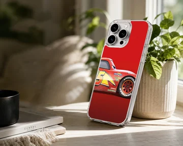Close-up digital illustration of a glossy red race car with yellow lightning bolt graphics on a phone case — Lifestyle