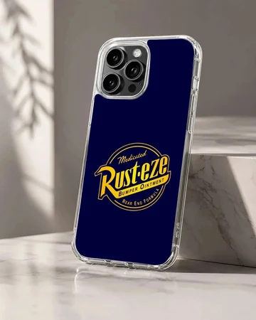 Blue phone case featuring a bold yellow Rust-Eze racing logo artwork