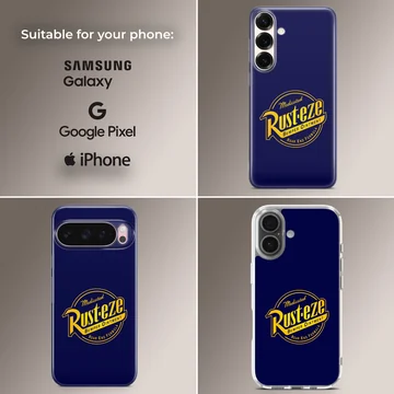 Blue phone case featuring a bold yellow Rust-Eze racing logo artwork — Collage